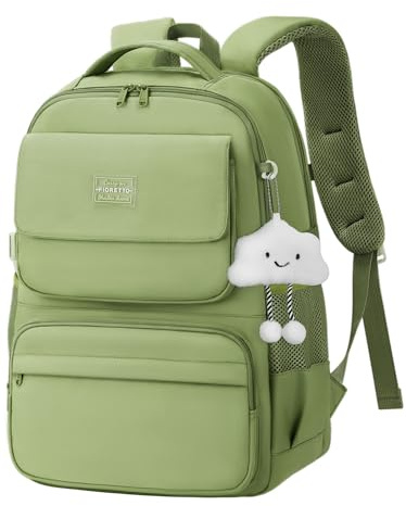 FIORETTO Schulrucksack Teenager Mädchen Rucksack Damen mit 15,6 Laptopfach, Wasserfest, Leicht, 25L für Schule & Reise Grün