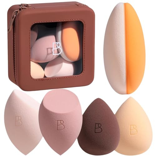 BS-MALL Makeup Sponge Set Pro Version– V3.0 Soft Blending Tech For Foundation Blending Blush Highlight 1 XL Dual-Use Makeup Sponge & Waterproof Silicone Cosmetic Travel Bag Brown
