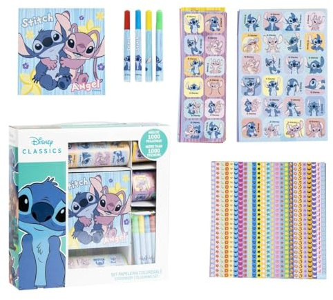 Disney Lilo & Stitch Mal und Schreib-Set, 1000 Aufkleber, 4 Buntstifte, Malbuch, optimales Geschenk (Blau)