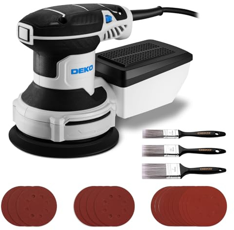Orbital 300 W slipmaskin, 6 hastighetsinställningar, 1 4 000 rpm, lämplig för elektriska slipmaskiner i trä, utrustad med 16 slipblad och 3 borstar (grå-blå)