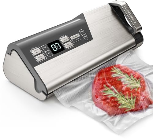 Macchina per sottovuoto Mesliese, sigillatrice per alimenti potente a doppia tenuta da 95 kPa e 140W, funzionamento con una sola mano, conservazione degli alimenti con taglierina portarotolo (grigio)