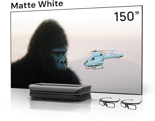 AWOL VISION LTV-3500 Pro Bundle med 150-tums matt vit duk och 3D-glasögon (förpackning med 2), 4K UHD HDR10+ Dolby Vision Ultra Shorts Triple Laserprojektor, 3000 ISO-lumen, hemmabiolaser-TV