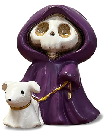 BelleFlair Figura de Halloween del Grim Reaper con Perro Fantasma, una Pequeña Estatua Espíritu Lindo, Decoración de Mesa para el Hogar, Magnífica Idea Regalo.