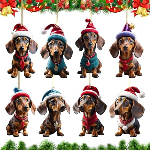 8 Stück Dackel Weihnachtsbaumschmuck, Dackel Weihnachtsschmuck, Acryl Dackel Weihnachtsdeko, Dackel Weihnachtsbaum Ornament, für Auto Ornament Geschenke und Home Decorations
