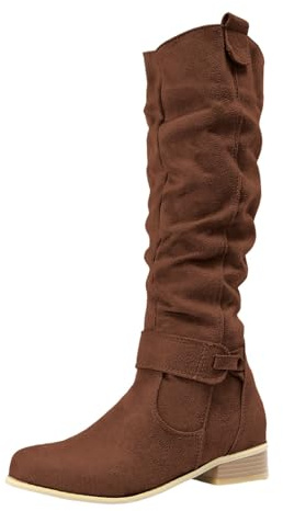 Xbemkste västerländska stövlar dam mocka blockklack dragkedja cowboystövlar höga stövlar slouchy stövlar eleganta långa stövlar damstövlar vinterskor, BRUN, 40 EU