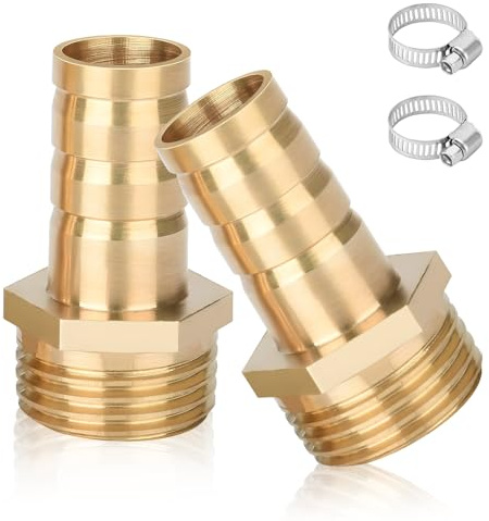 yotutun 2 Boquillas de manguera de 1 pulgada, Conector De Manguera De Latón 1 AG x 19mm (1 3/8) Rosca Exterior De Latón Adaptador de conector de rosca exterior con 2 Abrazaderas de Manguera