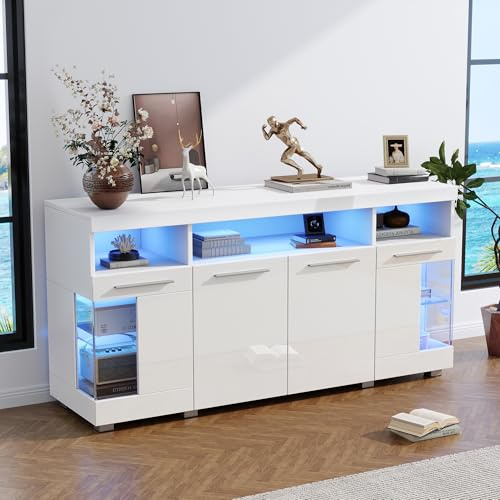 Gxffipw Hochglanz Sideboard Wohnzimmer Beistellschrank mit LED Licht und Offener Fach, Wohnzimmerschrank Buffetschrank mit Glastür, Highboard Vitrine mit Silberner Griff, Schrank Weiß, 140x40x70 cm