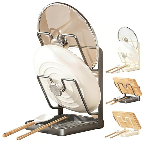 Porte Couvercle Cuisine, Support Couvercle Casserole, Support de Rangement pour Couvercle de Casserole de Cuisine avec Repose Cuillère avec Bac D'égouttage, Porte Cuillere Cuisines (Crémeux-2 Couche)