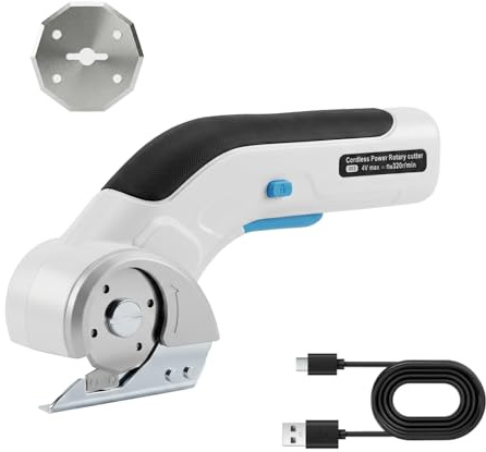 Vexnaro Taglierina Elettrica Rotante per Cartone e Tessuti Senza Fili con 2 Lame, Forbici Elettriche Multi Cutter a Batteria per Pelle Moquette Feltro Plastica Carta Bianco
