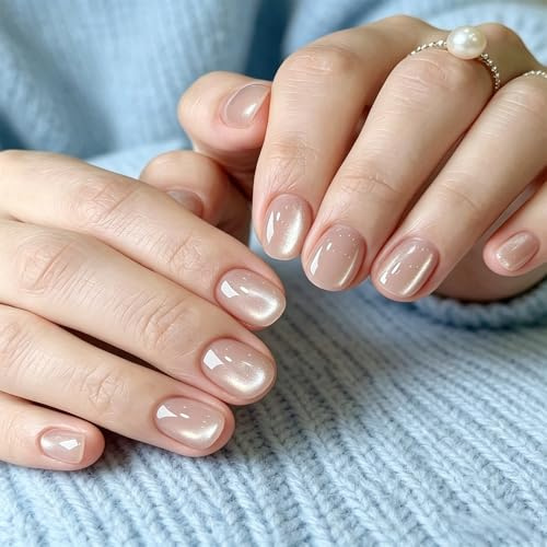 Ongles Press-On En Gel Souple Extra Courts Ovales, 24 Pièces Faux Ongles Œil De Chat Blanc Courts Amande, Verre Pailleté Blanc Set De Faux Ongles, Réutilisable Brillant Bling Ongle Autocollant