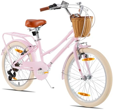 KEANO Poppy 20/24 Zoll Kinderfahrrad für Mädchen von 6 bis 11 Jahren, 20/24 Zoll Mädchenfahrrad mit 7 Gängen und Korb,blau/grün/rosa/lila/gelb