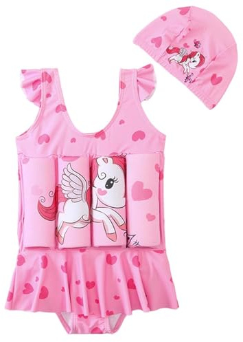 Maillot de Bain Flottant Enfant Fille Imprimé à Manches Courtes Costume de Bain Piscine Plage Enfant Maillot de Bain Bouée Intégré avec Des Bâtons de Flottabilité pour Natation Débutant Training
