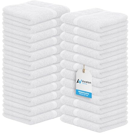 Avalon Towels Cotton Washcloths 24-Pack – 12 x 12 Inch White Super Soft & Absorbent Ring-Spun Cotton Wash Cloths for Face, Bath, Spa, Gym, Hotel & Cleaning