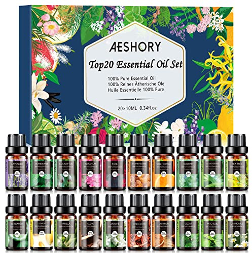 Natural Essential Oils Gift Set, 20 x 10ML Essential Oil for Diffuser, Humidifiers, Skin Care, Massage, Fragrance Oil for Candle & Soap Making, Lavender, Eucalyptus, Tea Tree More Aromatherapy Oil