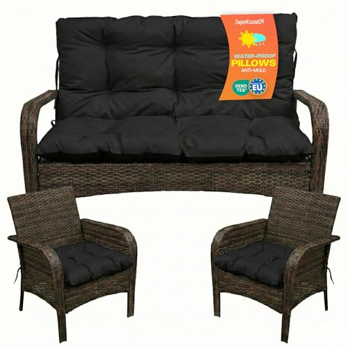 SuperKissen24. Sitzkissen Bankkissen Bankauflage - 180x50 cm und Rückenlehne 180x60 cm mit 2er 45x45 cm Stuhlkissen Set - Outdoor und Indoor - Schwarz