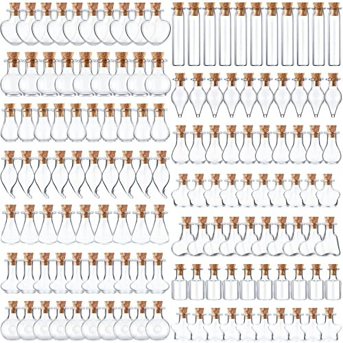 Potchen 140 Pcs Mini Glass Bottles with Cork Stoppers Tiny Wishing Potion Bottles, 14 Shapes, Small Spell Apothecary Jar Vials Witchcraft Drifting Jar for Wedding Halloween Party Arts DIY Crafts