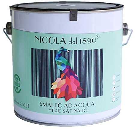 NICOLA VERNICI Buntlack auf Wasserbasis, Acryllack für den Innen- und Außenbereich, für Metall, Holz, Wande, Stahlbeton, Kunststoff, PVC, Gipskarton - Satin-schwarz, 2,5 Liter