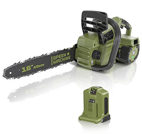 GREEN MACHINE Tronçonneuse sans fil 40.6cm 62V moteur sans balais, 4Ah Tronçonneuse électrique sans fil avec barre OREGON de 40.6cm, 4Ah Batterie+4Achargeur(inclus) Chainsaw