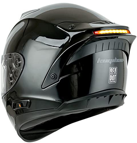 Casque De Moto Homme Femme Integral Homologué ECE Casque Moto Design Double Visiere Respirant Casque Intégral Moto Leger Avec Lumière LED, Pour La Conduite De Nuit Bright Black,XXL