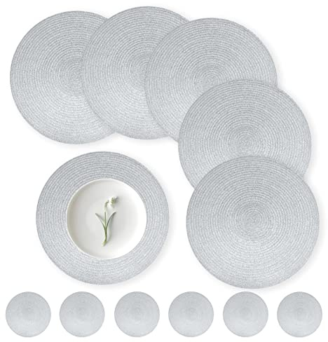wiipara Platzsets Weihnachten Silber Rund 34cm Tischsets Abwaschbar 6er Set | Gewebte Platzdeckchen mit Untersetzer, Christmas Placemats Tischunterlage für Weihnachtsdeko Esszimmer Party Hochzeit Deko