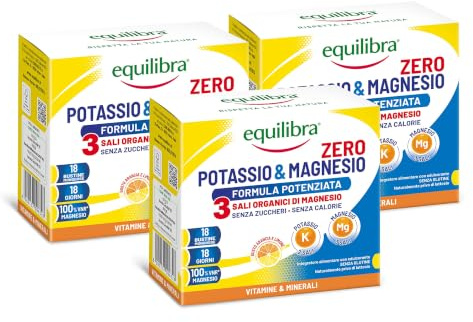 Equilibra Magnesio e Potassio Zero Zuccheri 3 Formula Potenziata,3x18 Buste | 3 sali organici di magnesio per Reintegro Sali Minerali, Gusto Arancia Limone, Reidratazione