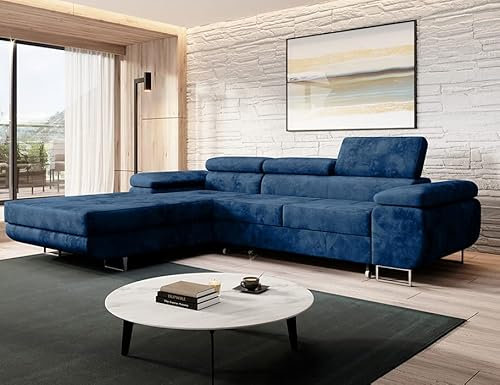 MODERNO Ecksofa mit Schlaffunktion und Bettkasten NORBERG - Sofa mit 3 Sitzen und Robusten Überzug - Schlafcouch L-Form - Modern Couch 72x279x205 cm - Ecke Links Blau