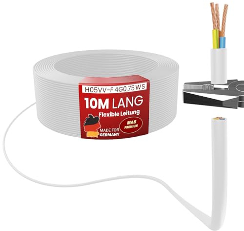 MAS Premium Von 5 bis 100m Kunststoffschlauchleitung H05VV-F 2, 3, 4 oder 5 x0,75; x1; x1,5 oder x2,5 Flexible Leitung Kabel Leitung Gerätekabel (H05VV-F 4G0,75 WS, 10m)