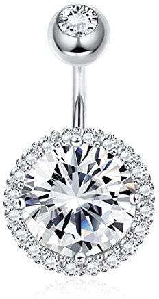 Sllaiss 14G 925 Sterling Silber Bauchstege für Frauen Klare Runde Cubic Zirkonia Bauchnabelstangen Zierlich Weißvergoldet Halo Kugel Bauchnabel Piercing Körper Nabel Piercing Schmuck(Style A)