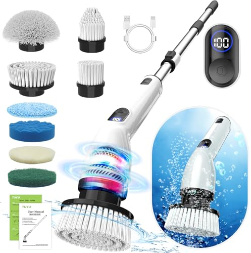 TUYU Electric Spin Scrubber with 7 Replaceable Brush Heads, 2023 New Cordless Cleaning Brush, Adjustable Extension Handle Electric Cleaning Brush for Bathroom, Tub, Tile, Floor Wall