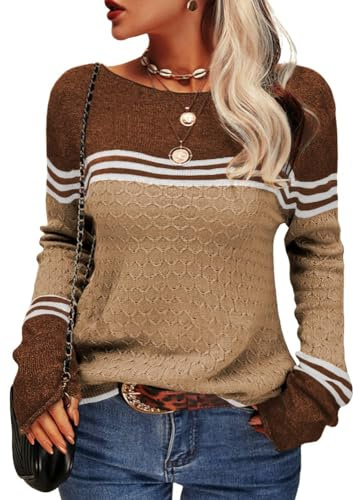 Tankaneo - Maglione da Donna, a Maniche Lunghe, Girocollo, Colorblock, a Righe, Slim Fit, Lavorato a Maglia, Top, Cachi, L