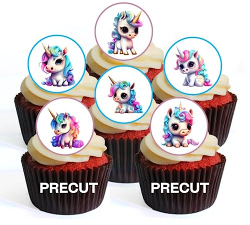 PRECUT Baby Unicorn Edible Cupcake Toppers - Cute Baby Unicorns Theme - wafer card disc cake decorations (Pack of 24)
