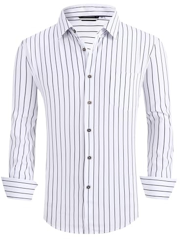 Mens Wrinkle Free 4-Way Stretch Print Business Casual Shirt,White Stripe,L