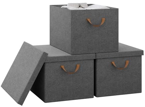 WOLTU Aufbewahrungsbox mit Deckel 3 Stück, aus Polyesterstoff, für Schlafzimmer, Arbeitszimmer, Wohnzimmer, Organizer Box groß mit Griffen, faltbar, Grau, 48x30x36 cm