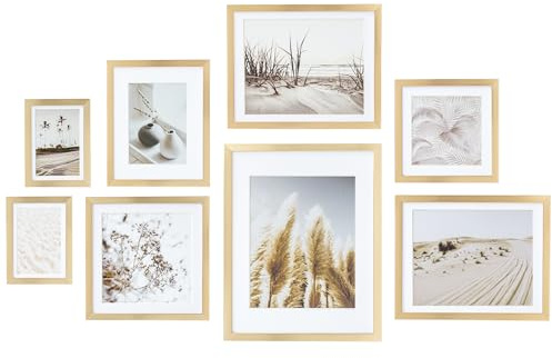 ArtbyHannah Gallery Wall Frame Set, 8 Pack Picture Frames Collage Wall Decor with Neutral Pampas Grass Art for Living Room, Assorted Size Including 11x14, 8x10, 5x7(Gold Frame)