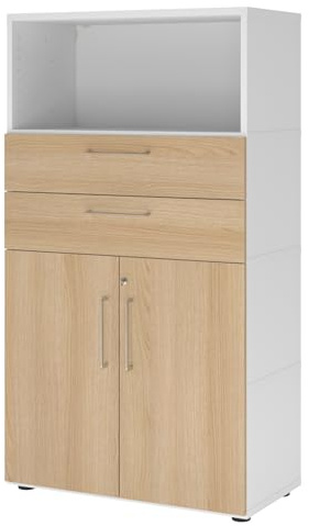 bümö Flexi Aktenschrank abschließbar mit Flügeltüren & 2 Schubladen in Weiß/Eiche, Büroschrank mit werkzeuglosem Schnellmontage-Klicksysten in modularer Bauweise