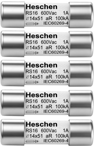Heschen Fusibles cilíndricos para tubos de cerámica, RS16, tipo aR, 14 x 51 mm, 1 A, 600 V CA, 100 kA, 5 unidades