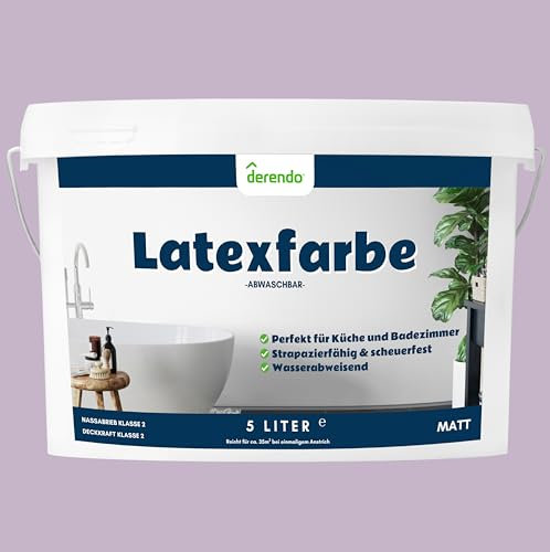 derendo Latexfarbe lila flieder matt abwaschbar 5 Liter für Innen Küche Badezimmer streichen Wandfarbe hohe Deckkraft 5L