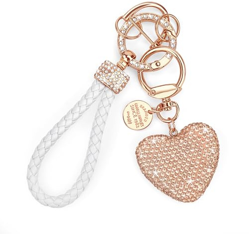 Heveer Ciondolo Portachiavi Glitterato a Forma di Cuore con Strass in Pelle per Donna, Chiavi dell'Auto (Champagne)