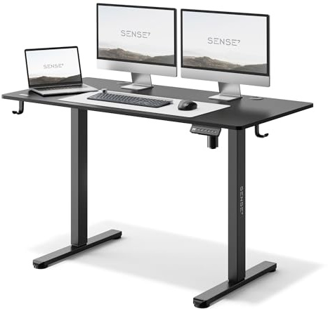SENSE7 Bureau électrique Assis Debout Réglable Hauteur 120x60 Noir | Plateau pour Câbles, Crochets, Table PC, Gaming, Réglage silencieux, Poste de travail , Maison , Mémoire