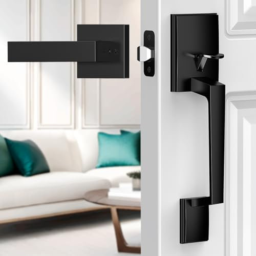 MAXECURITY Front Door Handle, Black Exterior Door Handle with Reversible Lever, Modern Front Entry Door Handle for Right or Left Handed Doors, Front Door Handle No Lock, Matte Black