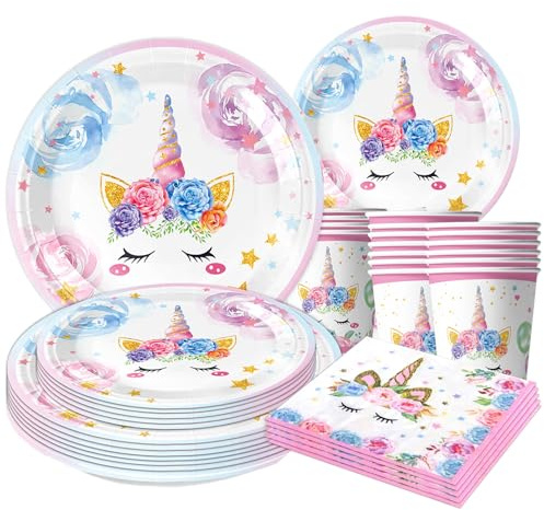 Einhorn Partygeschirr Set,Einhorn Geburtstag Geschirr Party Deko mit Papier Teller Becher Servietten für Party Kindergeburtstag Einhorn Partyzubehör Dekoration Set Junge Mädchen