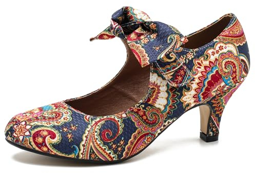 LIURUIJIA Women's Bow Heels Mary Jane Kitten Heel Pumps Round Toe Low Heels Ankle Strap Wedding Evening Party Dress Shoes Multicolor Blue Size 9