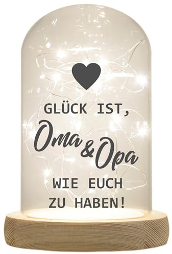 WB wohn trends LED-Glaskuppel, Glück ist Oma & Opa wie euch zu haben, 16,5x11cm, Glasglocke mit LED-Licht und Holz-Fuß LED-Laterne LED-Lampe mit Text Spruch