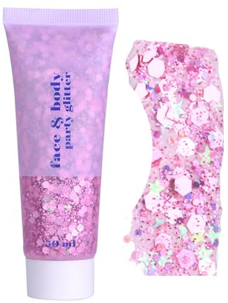 Body Glitter Gel 50ml, Rosa Chunky Mermaid Sequins Glitzer Gesicht, Festival Körperglitzer, Langlebig & Wasserfest Pink Face Glitter Schminke für Gesicht/Haare/Körper/Nagel, Party Masquerade Make Up
