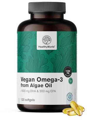 HealthyWorld Veganes Omega-3 1100 mg – Öl aus Schizochytrium-Algen – DHA und EPA im optimalen Verhältnis 2:1 – 120 Weiche Kapseln – 2-Monatsvorrat – mit Vitamin E
