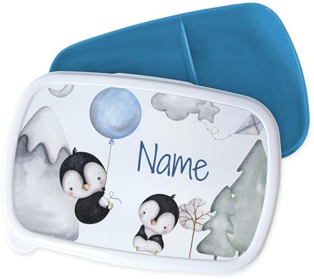 GRAZDesign Fiambrera infantil personalizada con nombre, diseño de pingüinos azul y rosa, incluye divisor, fiambrera para la escuela y la guardería