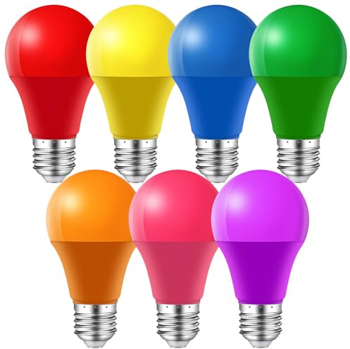 MZYOYO 7er Pack Bunte Glühbirnen E27,7W A60 Farbige LED Glühbirne,E27 Birne Bunt Außen,E27 LED Bunt für Lichterkette,Party,Weihnachten Deko,Rot Gelb Blau Grün Orange Rosa Violett