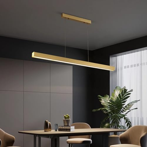 LED Pendelleuchte Dimmbar mit Fernbedienung Esszimmer Leuchte Esstisch Lampe Modern Hängeleuchte Länge Rechteckform Design Hängelampe für Bar Büro Shop Arbeitszimmer Kronleuchter (Gold, L120cm)