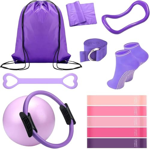 HK Online 13pc PRO ELITE PILATES KIT -PILATES CIRCLE, Yoga Ring & Band, Socks, YOGA EQUIPMENT, BOOTY Bands, BODY TRIMMER, Waist & Ab Shaper, Arms, Chest, Sit Up Puller & Gym Bag (13pc PURPLE Kit)