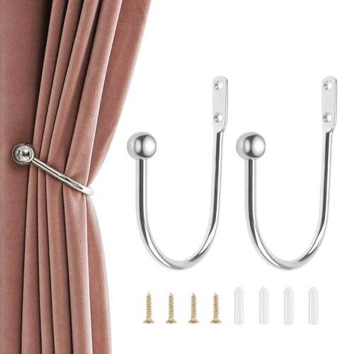 2 Pezzi Ferma Tende Fermatende Metallico, Ganci a U per Ferma Tende da Muro in Lega di Alluminio, Supporto Decorativo per Facile Installazione, Perfetti per Soggiorno Camera da Letto Ufficio, Argento
